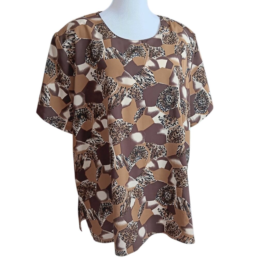 LIZ BAKER Vintage Blouse Top 2X Short Sleeves Animal Print Career Office Event‎